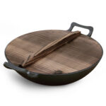 SOGA 36CM Commercial Cast Iron Wok FryPan with Wooden Lid Fry Pan